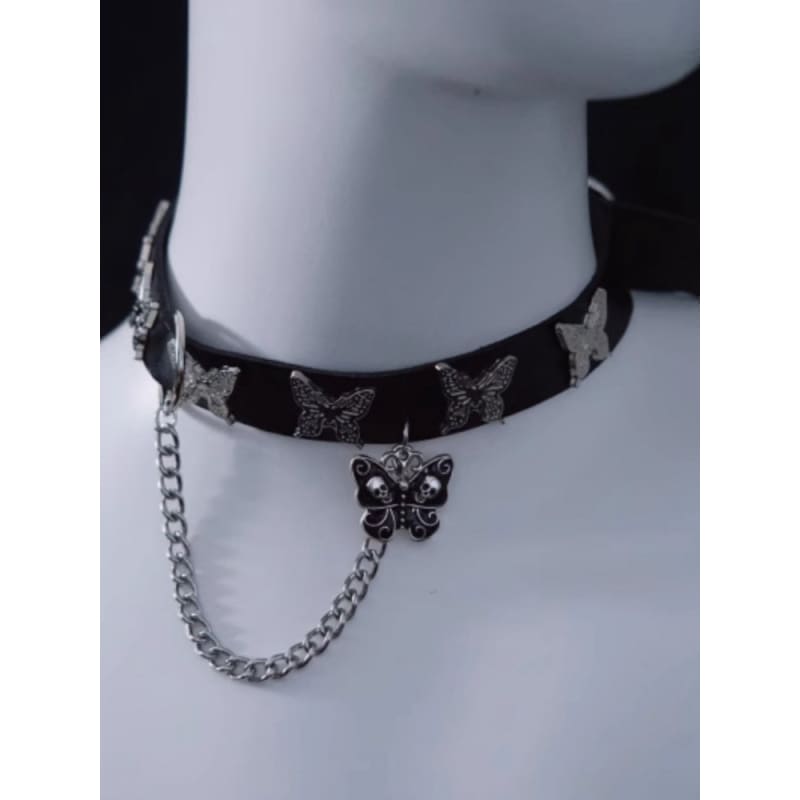 Skull Butterfly Pendant Black Choker with Chain - Black