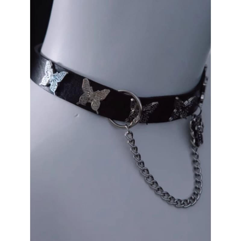 Skull Butterfly Pendant Black Choker with Chain - Black