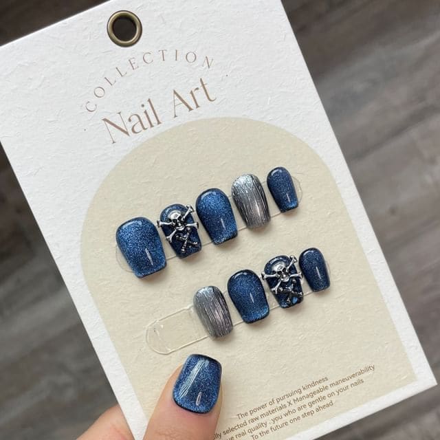 Skull Cat Eye Press On Nail - 876 - Blue / XS