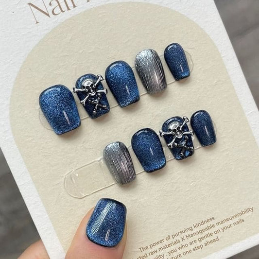 Skull Cat Eye Press On Nail - 878 - Cat - Blue / XS