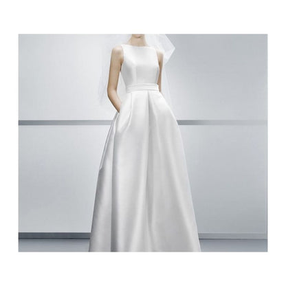 Sleeveless Boat Neck Plain Satin A-Line Wedding Gown