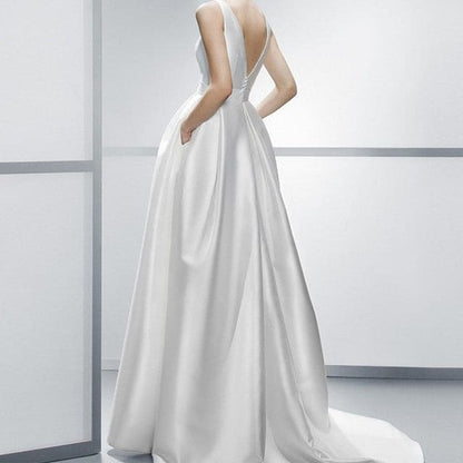 Sleeveless Boat Neck Plain Satin A-Line Wedding Gown