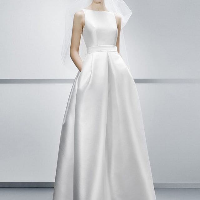 Sleeveless Boat Neck Plain Satin A-Line Wedding Gown