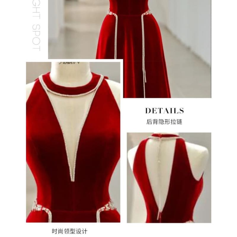 Sleeveless Crew Neck Plain Cutout Rhinestone Velvet A-Line