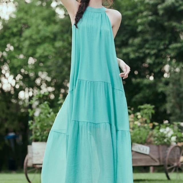 Sleeveless Crew Neck Plain Tiered Maxi