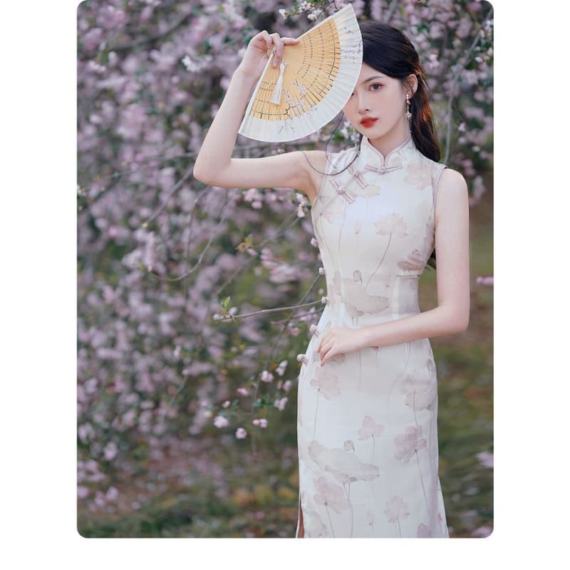 Sleeveless Floral Midi Qipao / Long Cardigan / Set