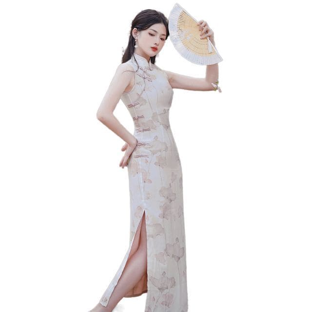 Sleeveless Floral Midi Qipao / Long Cardigan / Set - Qipao