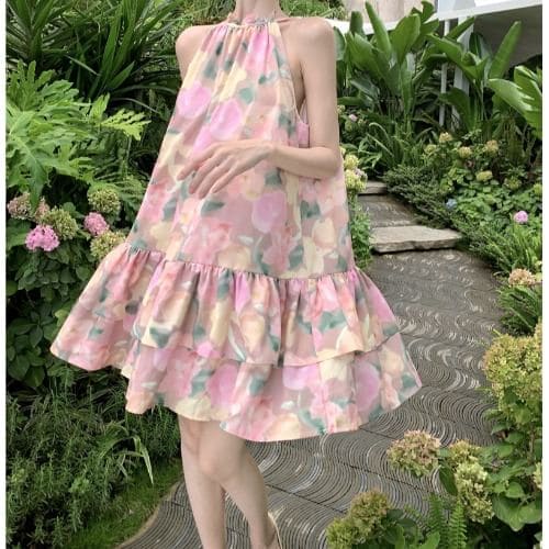 Sleeveless Floral Print A-Line Dress - Dress