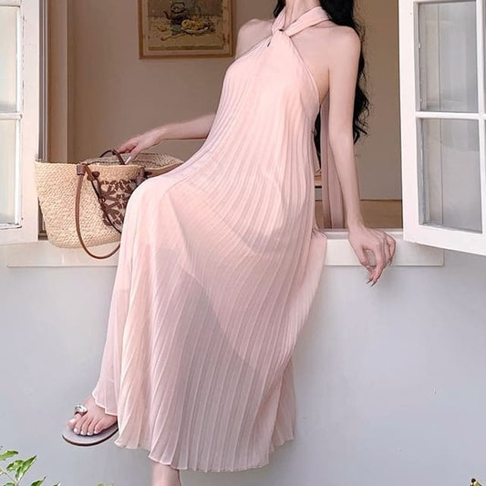 Sleeveless Halter Plain Accordion Pleated Midi