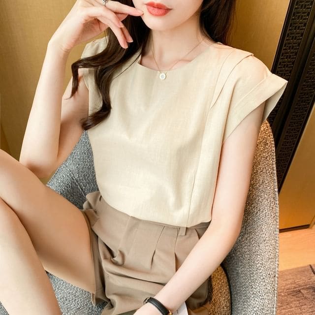 Sleeveless Linen Crew Neck Plain Top Egirldoll