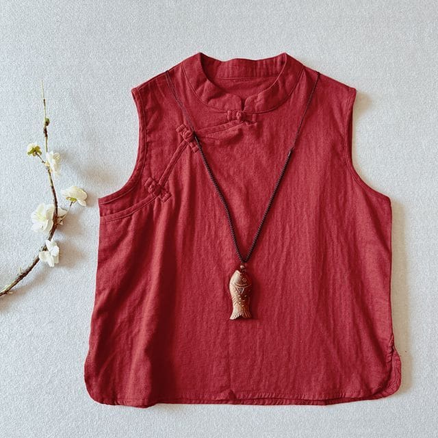 Sleeveless Mandarin Collar Frog - Wine Red / One Size