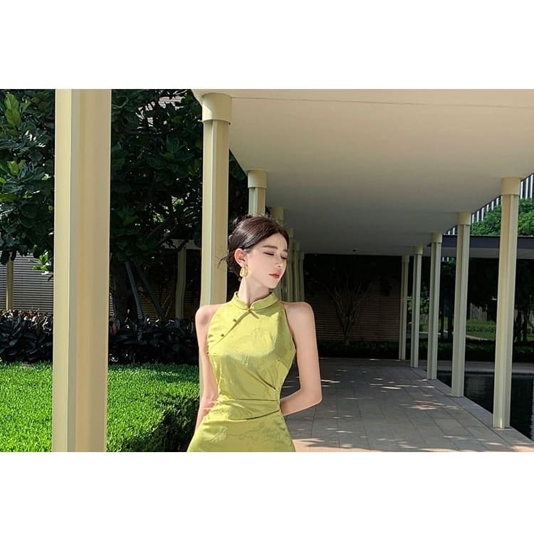 Sleeveless Mandarin Collar Ruched Jacquard Midi Mermaid Dress Egirldoll