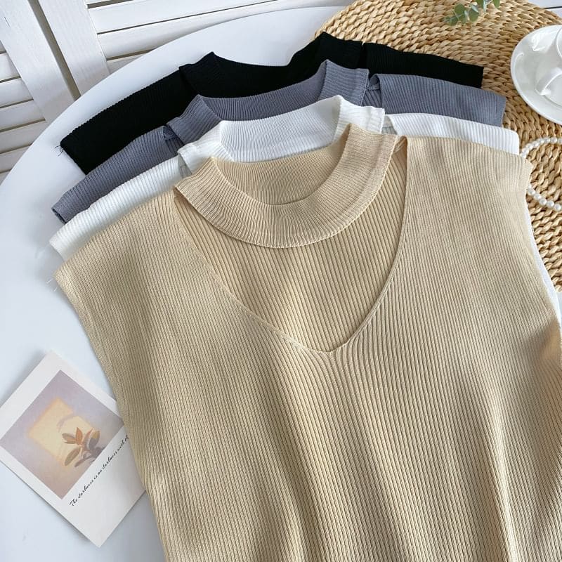 Sleeveless Mock Neck Plain Cutout Ribbed Knit Top