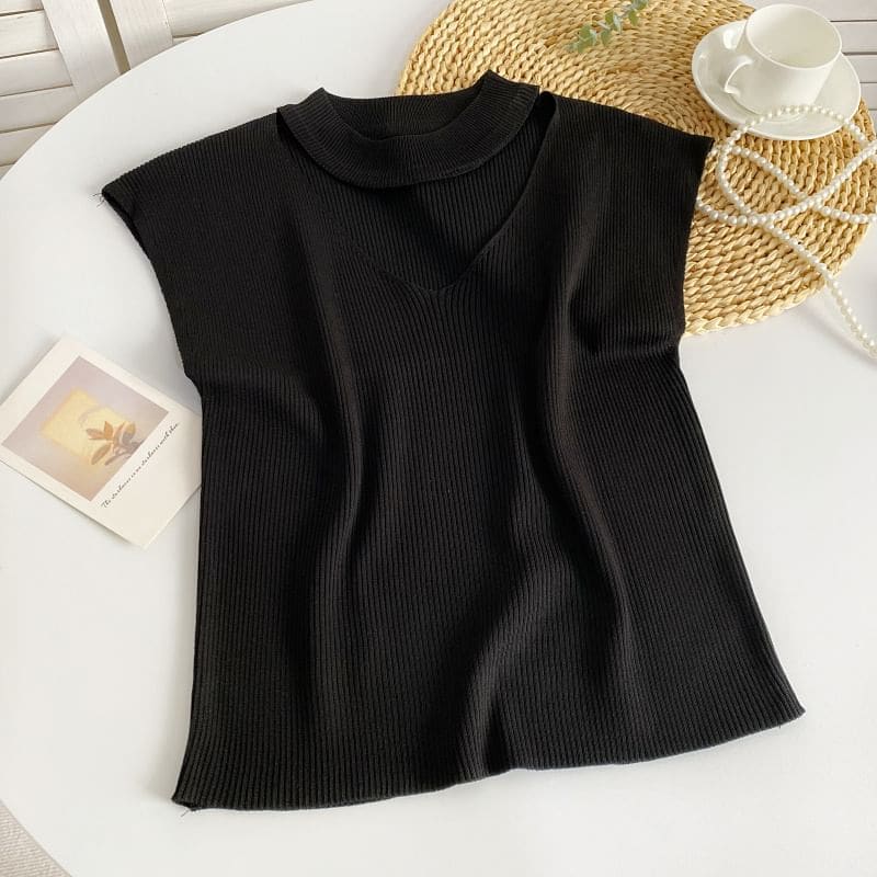 Sleeveless Mock Neck Plain Cutout Ribbed Knit Top