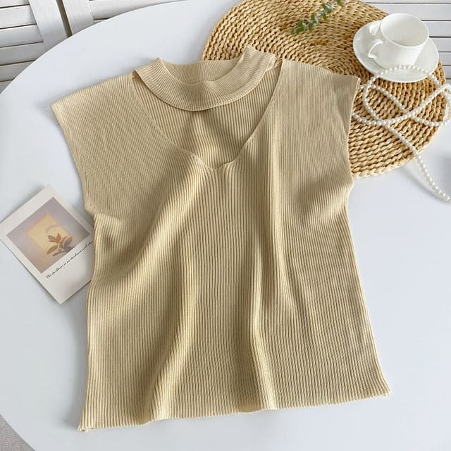 Sleeveless Mock Neck Plain Cutout Ribbed Knit Top - Almond