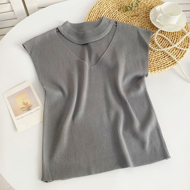 Sleeveless Mock Neck Plain Cutout Ribbed Knit Top - Gray