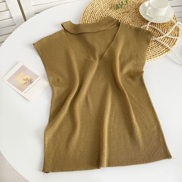 Sleeveless Mock Neck Plain Cutout Ribbed Knit Top - Khaki