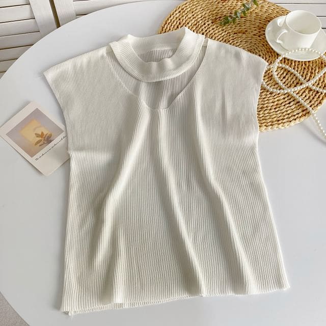 Sleeveless Mock Neck Plain Cutout Ribbed Knit Top - White