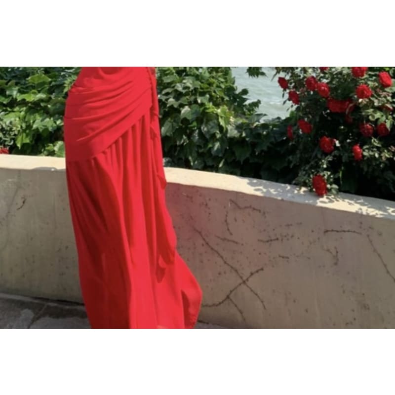 Sleeveless One Shoulder Plain Flower Detail Ruched Maxi