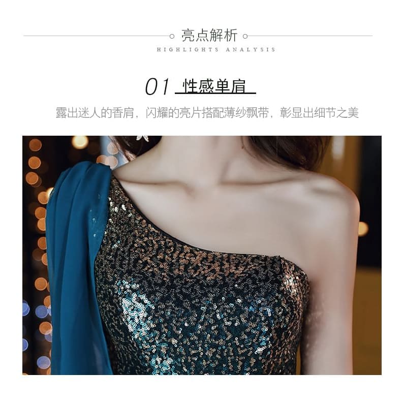 Sleeveless One Shoulder Sequin Gradient Mermaid Evening Gown