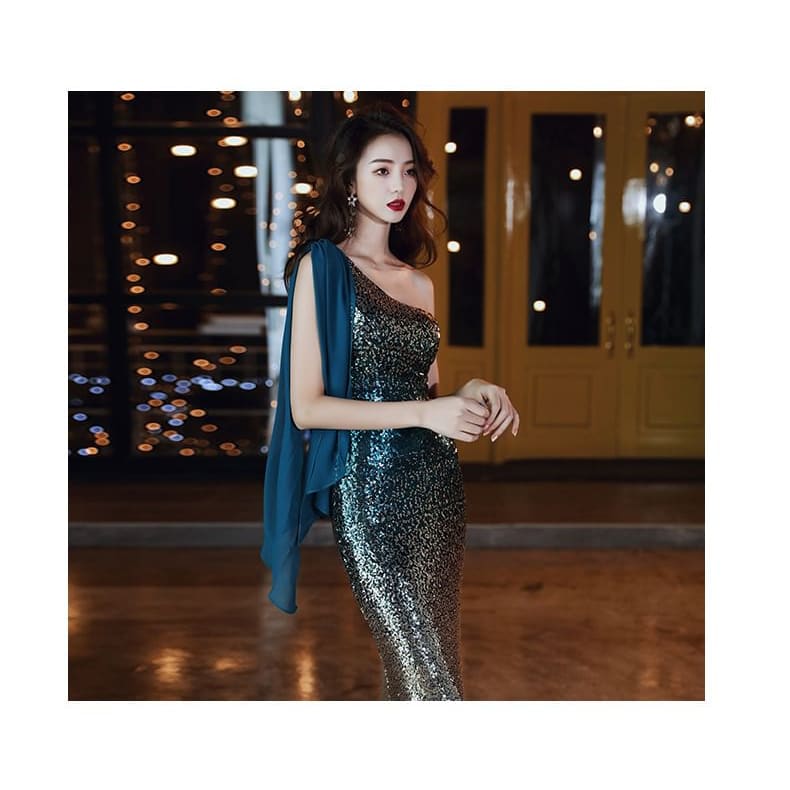 Sleeveless One Shoulder Sequin Gradient Mermaid Evening Gown