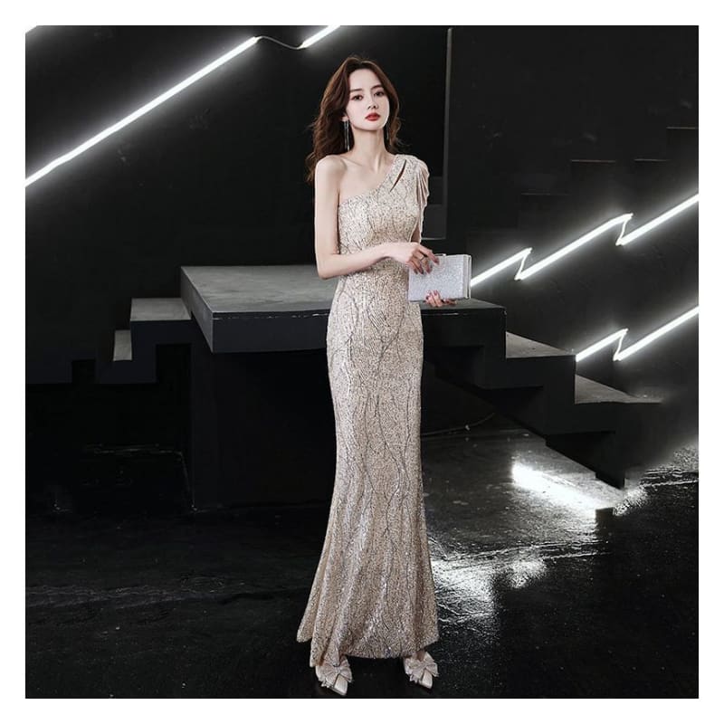 Sleeveless One-Shoulder Sequin Maxi Mermaid Evening Dress