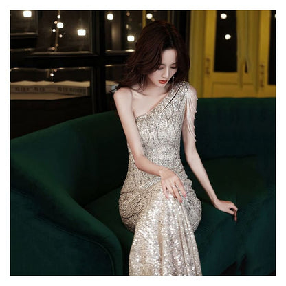 Sleeveless One-Shoulder Sequin Maxi Mermaid Evening Dress