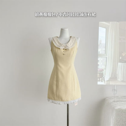 Sleeveless Peter Pan Collar Bow Accent Contrast Pleated