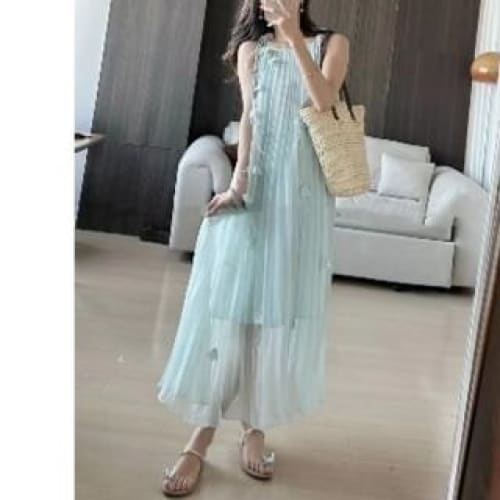 Sleeveless Plain Maxi - Light Mint Green / M