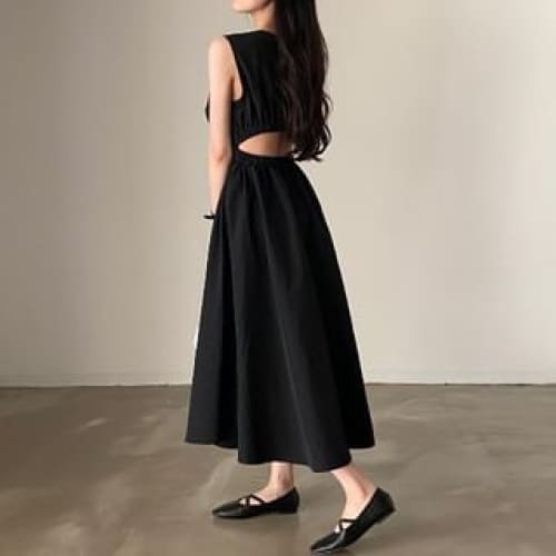 Sleeveless Plain Open Back Maxi A-Line Dress - Black