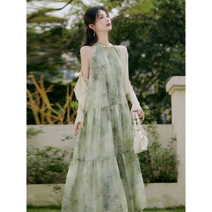 Sleeveless Print Maxi - Dress - Green / Cardigan - One Size