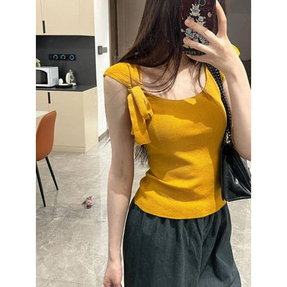 Sleeveless Scoop Neck Plain Tie - Top - Yellow / S