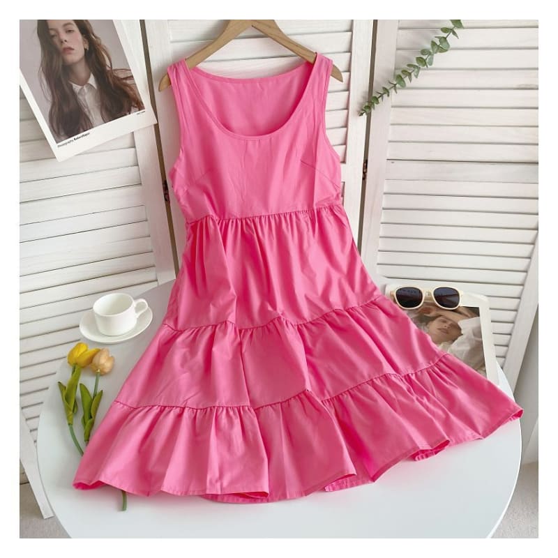 Sleeveless Scoop Neck Plain Tiered A-Line Dress