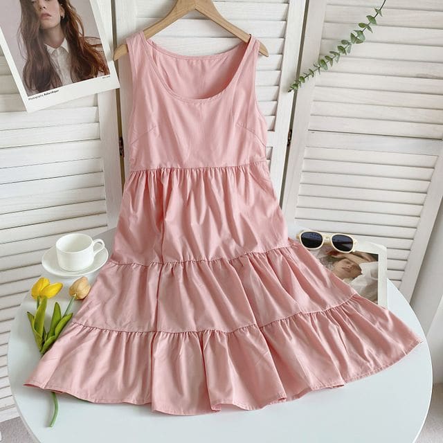 Sleeveless Scoop Neck Plain Tiered A-Line Dress - Pink