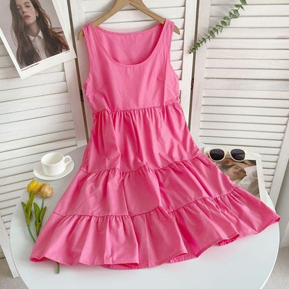 Sleeveless Scoop Neck Plain Tiered A-Line Dress - Rose Pink