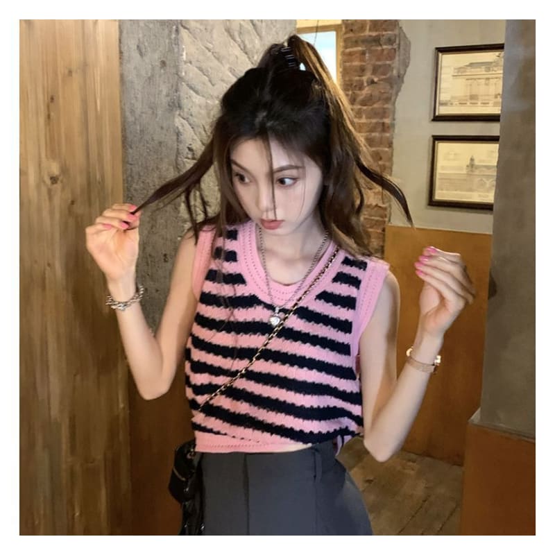 Sleeveless Scoop Neck Striped Knit Top