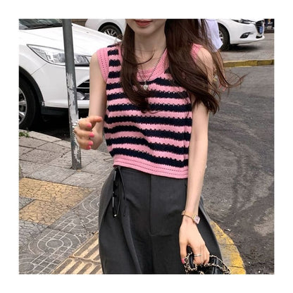 Sleeveless Scoop Neck Striped Knit Top