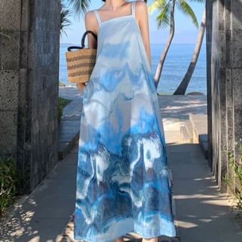 Sleeveless Square Neck Marble Printed Maxi