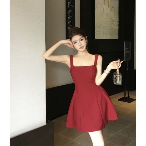 Sleeveless Square Neck Plain A-Line Midi Dress