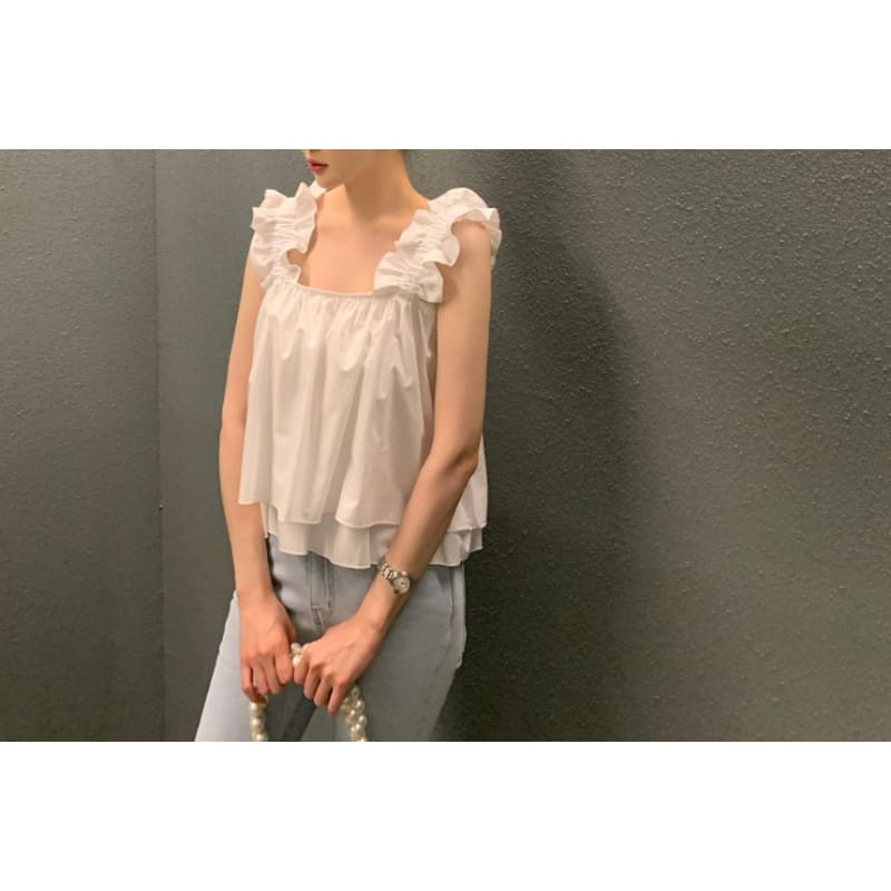 Sleeveless Square Neck Ruffle Plain Flowy Top