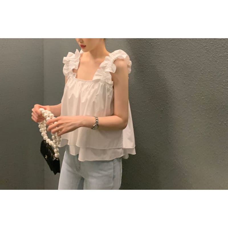 Sleeveless Square Neck Ruffle Plain Flowy Top