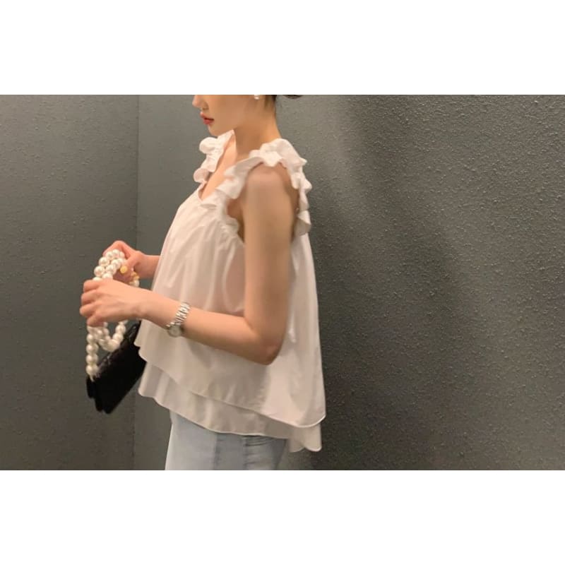 Sleeveless Square Neck Ruffle Plain Flowy Top