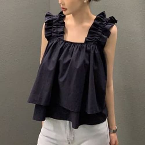 Sleeveless Square Neck Ruffle Plain Flowy Top - Navy Blue