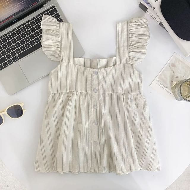 Sleeveless Square Neck Striped Ruffle Button Top - Khaki