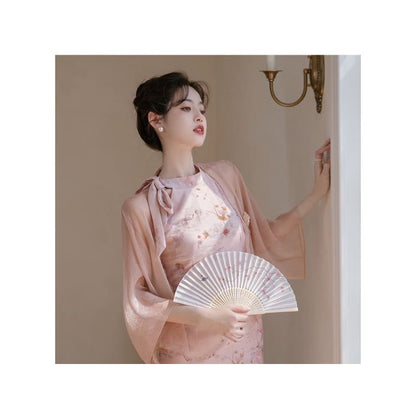 Sleeveless Tie Neck Floral Midi Qipao / Light Jacket / Set