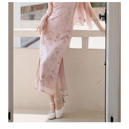 Sleeveless Tie Neck Floral Midi Qipao / Light Jacket / Set