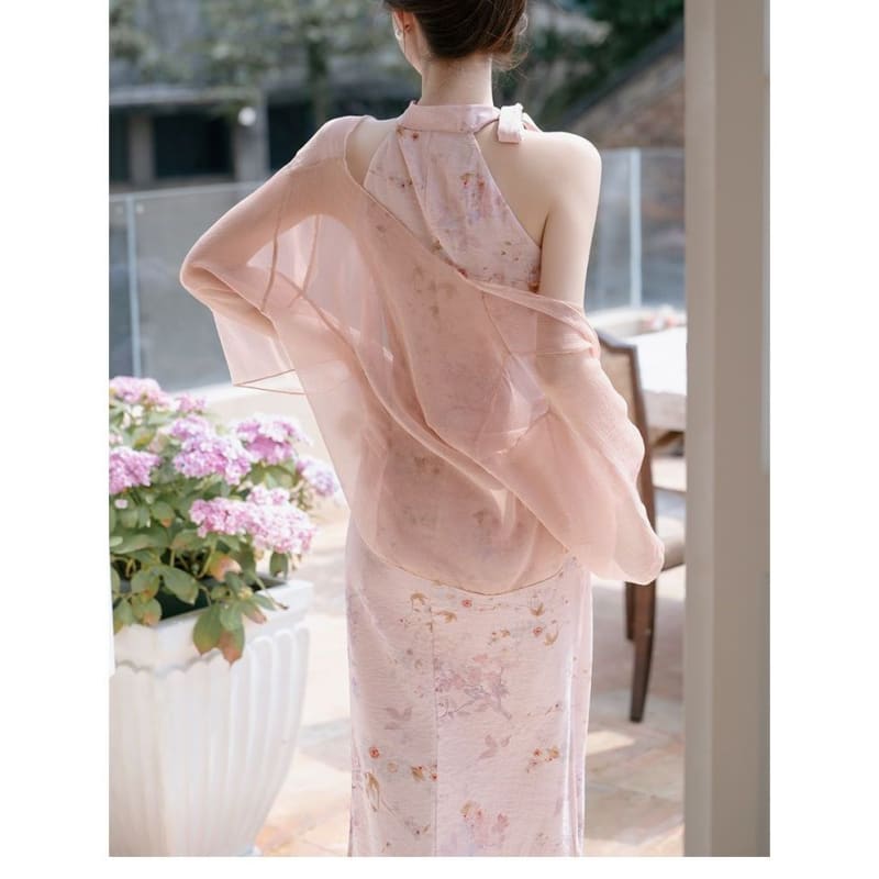 Sleeveless Tie Neck Floral Midi Qipao / Light Jacket / Set