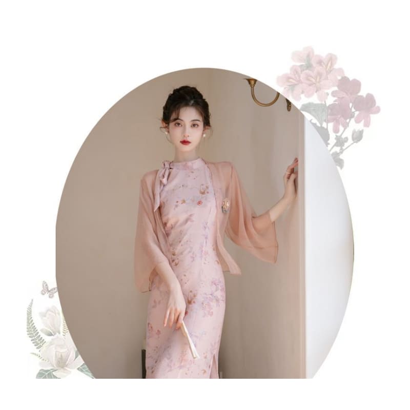 Sleeveless Tie Neck Floral Midi Qipao / Light Jacket / Set