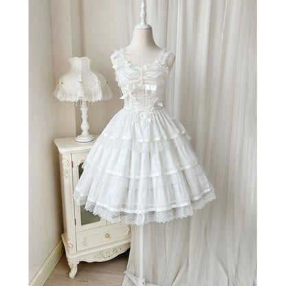 Sleeveless U-Neck Plain Tiered A-Line Lolita Dress - White