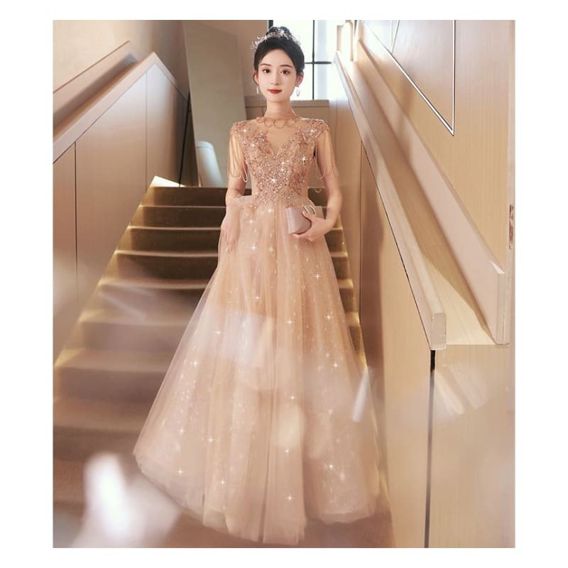 Sleeveless V-Neck Mesh A-Line Evening Gown / Evening Dress